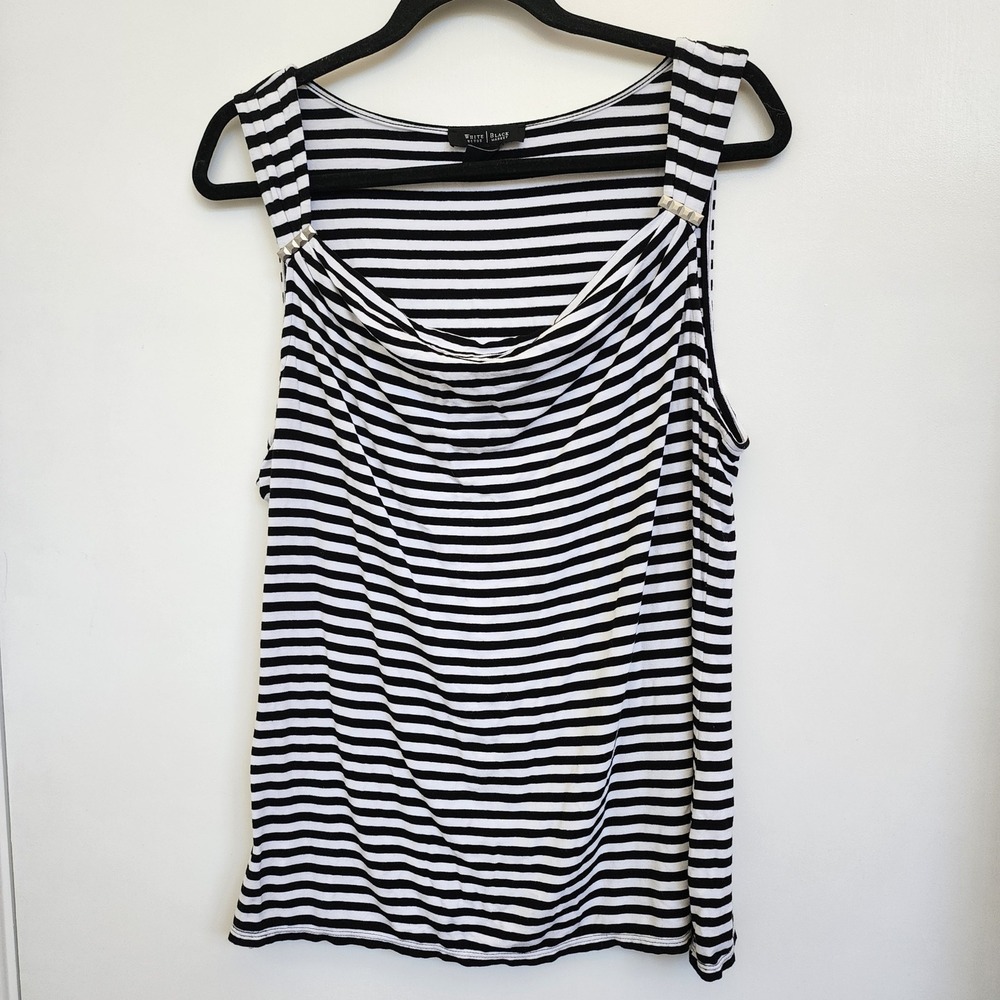 White House Black Market Striped Cowl Neck Tank Top Black White‎ XL Studded